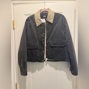 Zara Women's Black Utility Jacket with Tan Collar